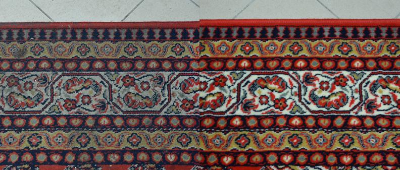 Fragment dywanu z widoczną różnicą przed i po czyszczeniu, ukazujący intensywność kolorów i usunięcie zabrudzeń.