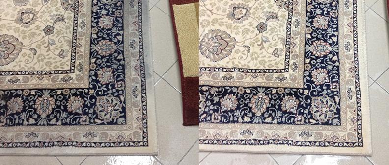 Fragment dywanu z orientalnym wzorem, widoczny obszar przed i po czyszczeniu, ukazujący różnicę w kolorze i wyglądzie.
