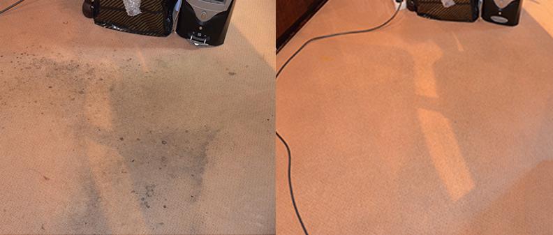 Dywan z widocznymi plamami przed i po czyszczeniu, z odkurzaczem piorącym w tle, ukazujący efekt usługi.