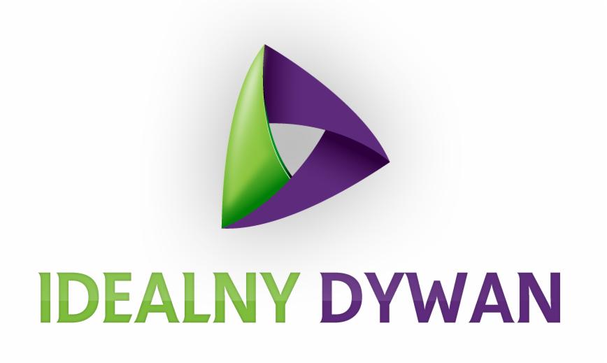 Logo firmy 'Idealny Dywan' z abstrakcyjnym symbolem w kształcie trójkąta z elementami w kolorze zielonym i fioletowym.