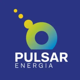 Logo firmy Pulsar Energia z gradientem zielono-niebieskim, stylizowane słońce i napis na ciemnoniebieskim tle.