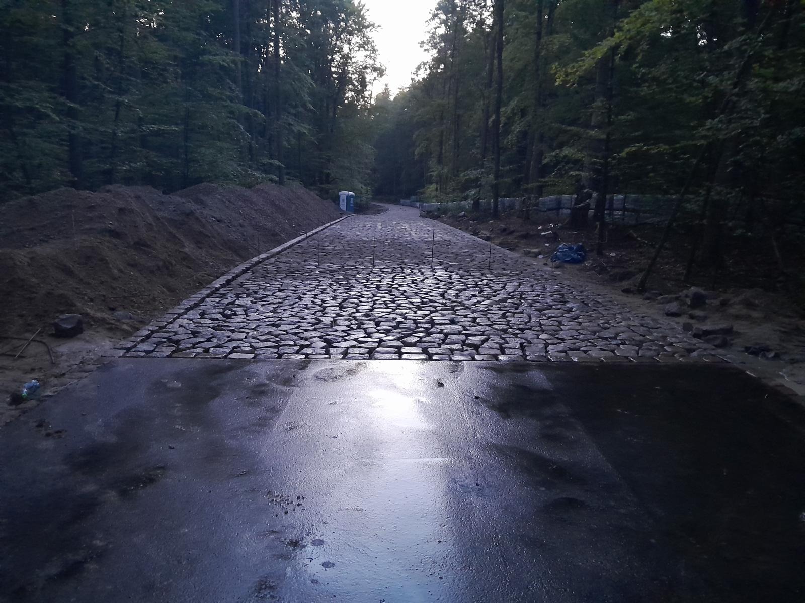 Ułożona kostka granitowa w lesie, widok na ścieżkę z kamienia. W tle drzewa i hałda ziemi. Częściowo mokra nawierzchnia.