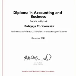 Skan dyplomu ACCA w dziedzinie rachunkowości i biznesu, przyznanego Patrycji Toczkowskiej w grudniu 2015 roku, z podpisem Alana Hatfielda, dyrektora ds. nauki.