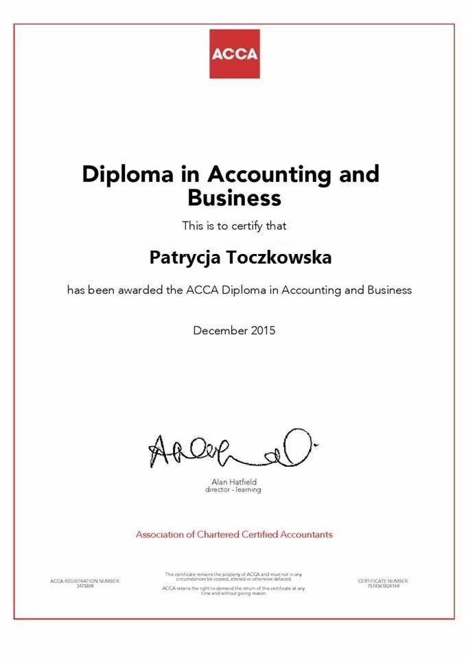 Skan dyplomu ACCA w dziedzinie rachunkowości i biznesu, przyznanego Patrycji Toczkowskiej w grudniu 2015 roku, z podpisem Alana Hatfielda, dyrektora ds. nauki.