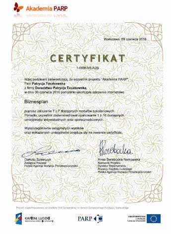 Skan certyfikatu Akademii PARP dla Pani Patrycji Toczkowskiej z firmy Doradztwo Patrycja Toczkowska, potwierdzający ukończenie szkolenia memetowego z biznesplanu, z podpisami Dariusza Szewczyka...