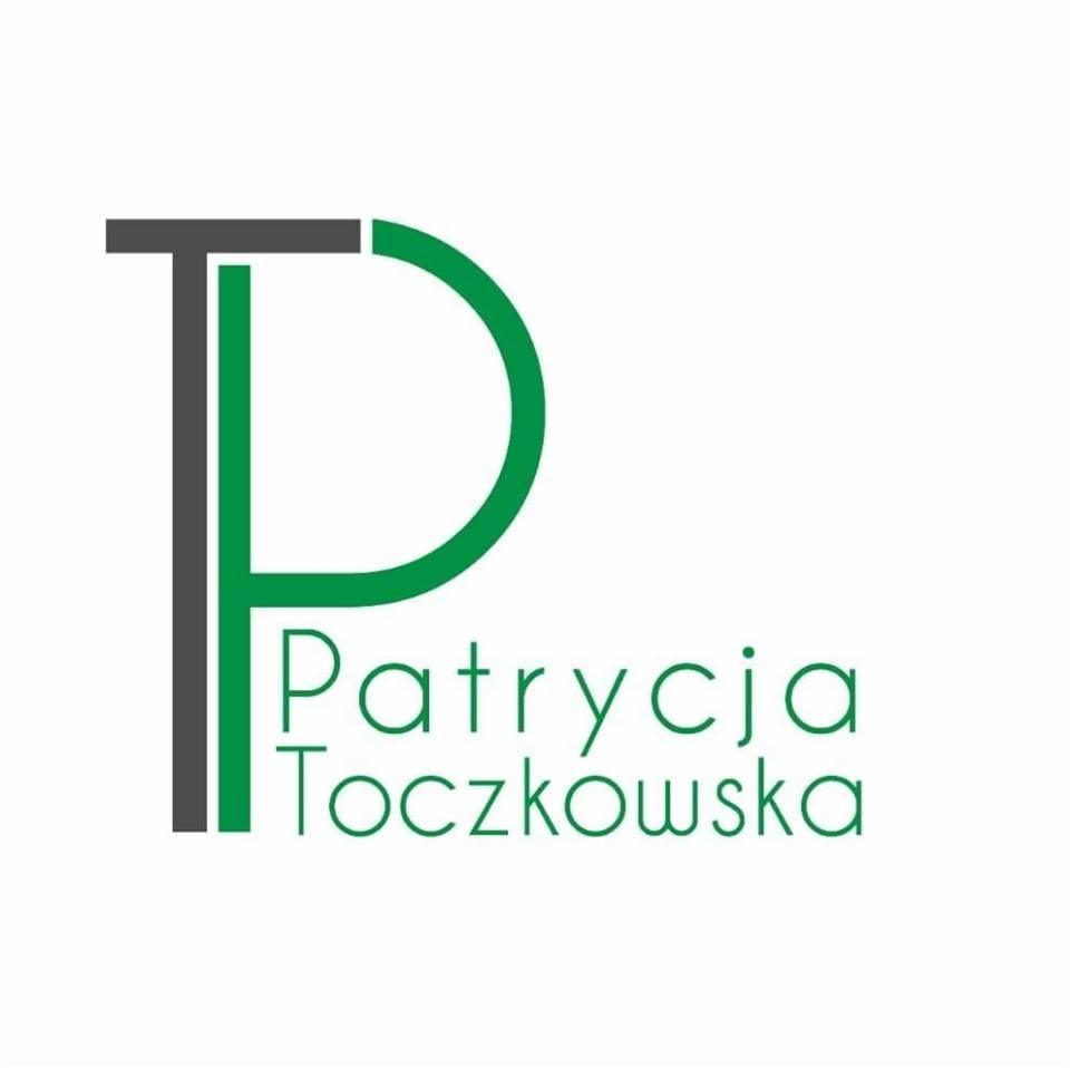 Logo firmy z inicjałami 'PT' w kolorach szaro-zielonym, poniżej nazwa 'Patrycja Toczkowska'.