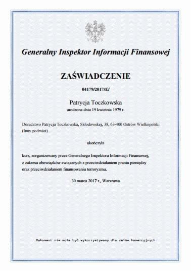 Skan zaświadczenia wydanego przez Generalnego Inspektora Informacji Finansowej dla Patrycji Toczkowskiej o ukończeniu kursu z zakresu przeciwdziałania praniu pieniędzy i finansowaniu terroryzmu.