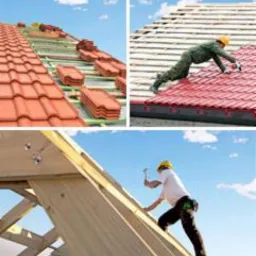 Montaż czerwonej dachówki ceramicznej na drewnianej konstrukcji dachu, widok z różnych perspektyw, ukazujący postęp prac oraz dekarza w trakcie układania pokrycia.