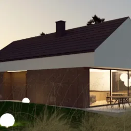 Wizualizacja nowoczesnego domu w stylu stodoły z dużymi przeszkleniami, oświetlonymi kulami w ogrodzie i minimalistycznym wnętrzem widocznym przez okna.