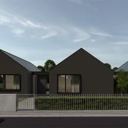 Wizualizacja nowoczesnego domu modułowego z ciemną elewacją i garażem, widzianego z perspektywy ulicy, z białym samochodem BMW w lewym dolnym rogu.