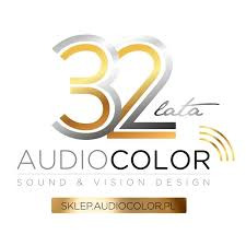 Logo firmy AudioColor z okazji 32-lecia działalności, z elementami w kolorze złotym i srebrnym, napis 'SOUND & VISION DESIGN' oraz adres strony internetowej.