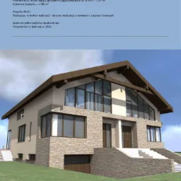 Wizualizacja projektu dwulokalowego domu jednorodzinnego w Poznaniu-Szczepankowie z elewacją częściowo wykończoną kamieniem, dużymi oknami i garażem w bryle budynku.