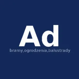 Grafika reklamowa z dużym białym napisem 'Ad' na granatowym tle, poniżej szary tekst 'bramy, ogrodzenia, balustrady'.