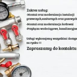Kolaż złączek hydraulicznych, manometrów i rur na jasnym tle z tekstem reklamowym o montażu i modernizacji instalacji grzewczych, sanitarnych i gazowych oraz przyłączach wodociągowych...