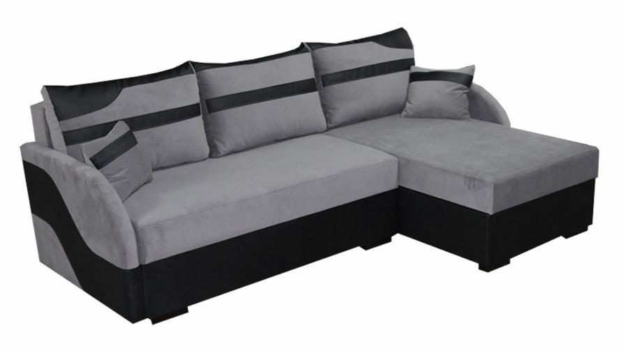 Szaro-czarny narożnik z welurową tapicerką, z poduszkami z poziomymi pasami, na niskich nóżkach, z szezlongiem po prawej stronie.