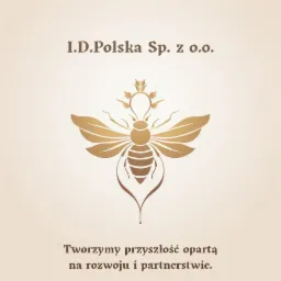 Grafika przedstawiająca stylizowaną złotą pszczołę z elementami roślinnymi, umieszczoną pomiędzy napisem 'I.D.Polska Sp. z o.o.' u góry a tekstem 'Tworzymy przyszłość opartą na rozwoju...