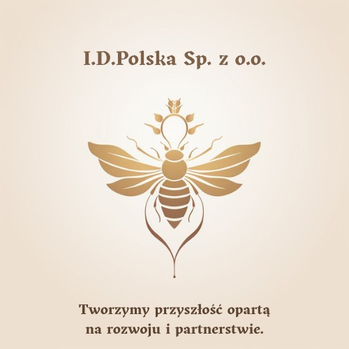 Grafika przedstawiająca stylizowaną złotą pszczołę z elementami roślinnymi, umieszczoną pomiędzy napisem 'I.D.Polska Sp. z o.o.' u góry a tekstem 'Tworzymy przyszłość opartą na rozwoju...