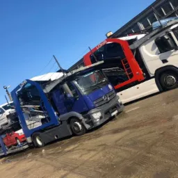 Dwa samochody ciężarowe typu laweta, jeden niebieski Mercedes i drugi biały Scania, załadowane samochodami osobowymi, stoją na placu w Pleszewie, gotowe do drogi.