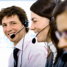 Uśmiechnięty konsultant w słuchawkach, spoglądający w bok, z dwoma innymi pracownikami w tle podczas rozmowy.