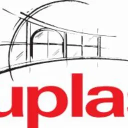 Logo firmy Aluplast z graficznym przedstawieniem okna w formie szkicu i czerwonym napisem.