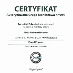 Certyfikat autoryzacji montażu drzwi Porta KMI Poland dla Seguro Paweł Prymas, ważny do 30 czerwca 2017.