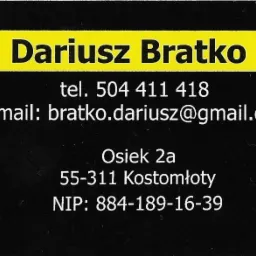 Wizytówka firmy z danymi kontaktowymi: Dariusz Bratko, telefon, e-mail, adres i NIP.