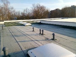 Płaski dach pokryty papą z widocznymi kominkami wentylacyjnymi i świetlikami, delikatnie oszroniony, w tle budynki i drzewa.