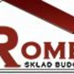 Logo firmy Romex Skład Budowlany z elementem graficznym przypominającym zarys domu z czerwoną dachówką.