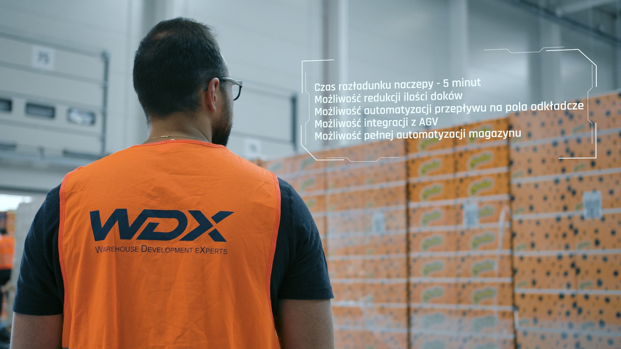 Pracownik magazynu w pomarańczowej kamizelce z logo WDX, stojący tyłem na tle regałów z zapakowanymi produktami i futurystycznym tekstem o automatyzacji magazynu.