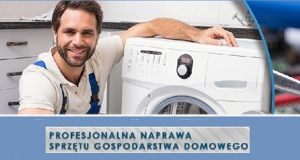 Uśmiechnięty serwisant w niebieskim kombinezonie opiera się o białą pralkę automatyczną z panelem dotykowym w jasnej kuchni; w tle widoczny klucz francuski i napis 'Profesjonalna naprawa sprzętu...