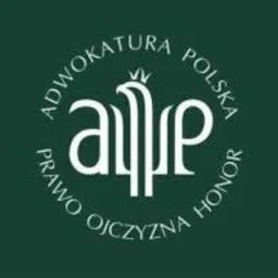 Logo Adwokatury Polskiej na ciemnozielonym tle, przedstawiające stylizowanego orła w koronie wpisanego w okrąg z napisem 'Adwokatura Polska Prawo Ojczyzna Honor'.