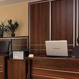 Biuro z drewnianymi meblami: biurko z laptopem Toshiba, szafa przesuwna w tle, rośliny doniczkowe na szafce.