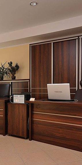 Biuro z drewnianymi meblami: biurko z laptopem Toshiba, szafa przesuwna w tle, rośliny doniczkowe na szafce.