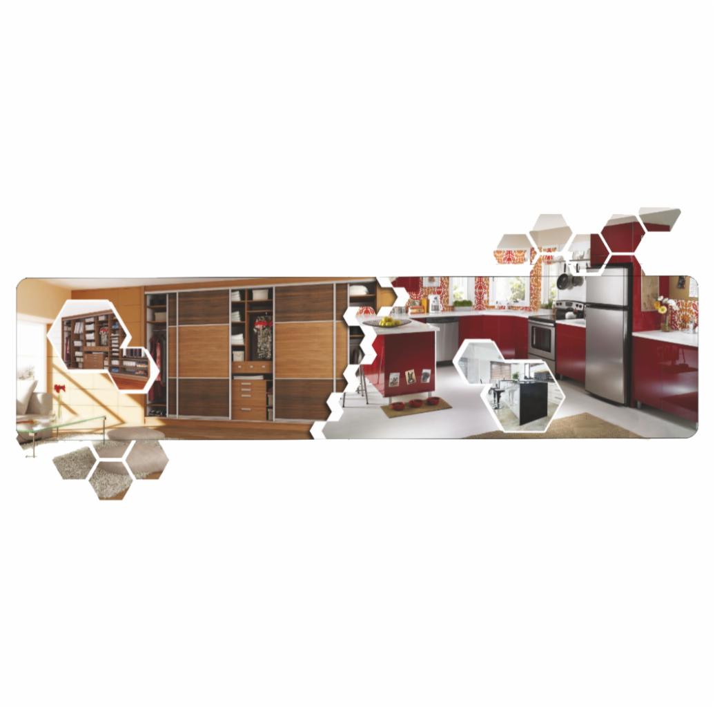 Wizualizacja wnętrz: garderoba z przesuwnymi drzwiami w odcieniach brązu oraz czerwona kuchnia z wyspą, przedstawione w formie kolażu z efektem plastra miodu.