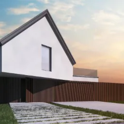 Wizualizacja nowoczesnego domu jednorodzinnego z płaskim dachem, białymi ścianami i drewnianym ogrodzeniem lamelowym, widziana z perspektywy niskiego kąta w słoneczny dzień.