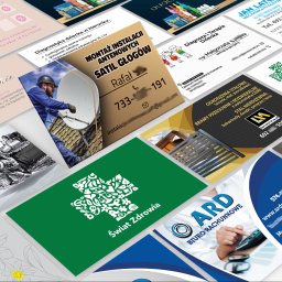 Golden Cat Studio - Kolaż wizytówek z różnymi projektami graficznymi: instalacja anten, diagnostyka dziecięca, mechanika pojazdowa, ogrodzenia stalowe, biuro rachunkowe i inne.