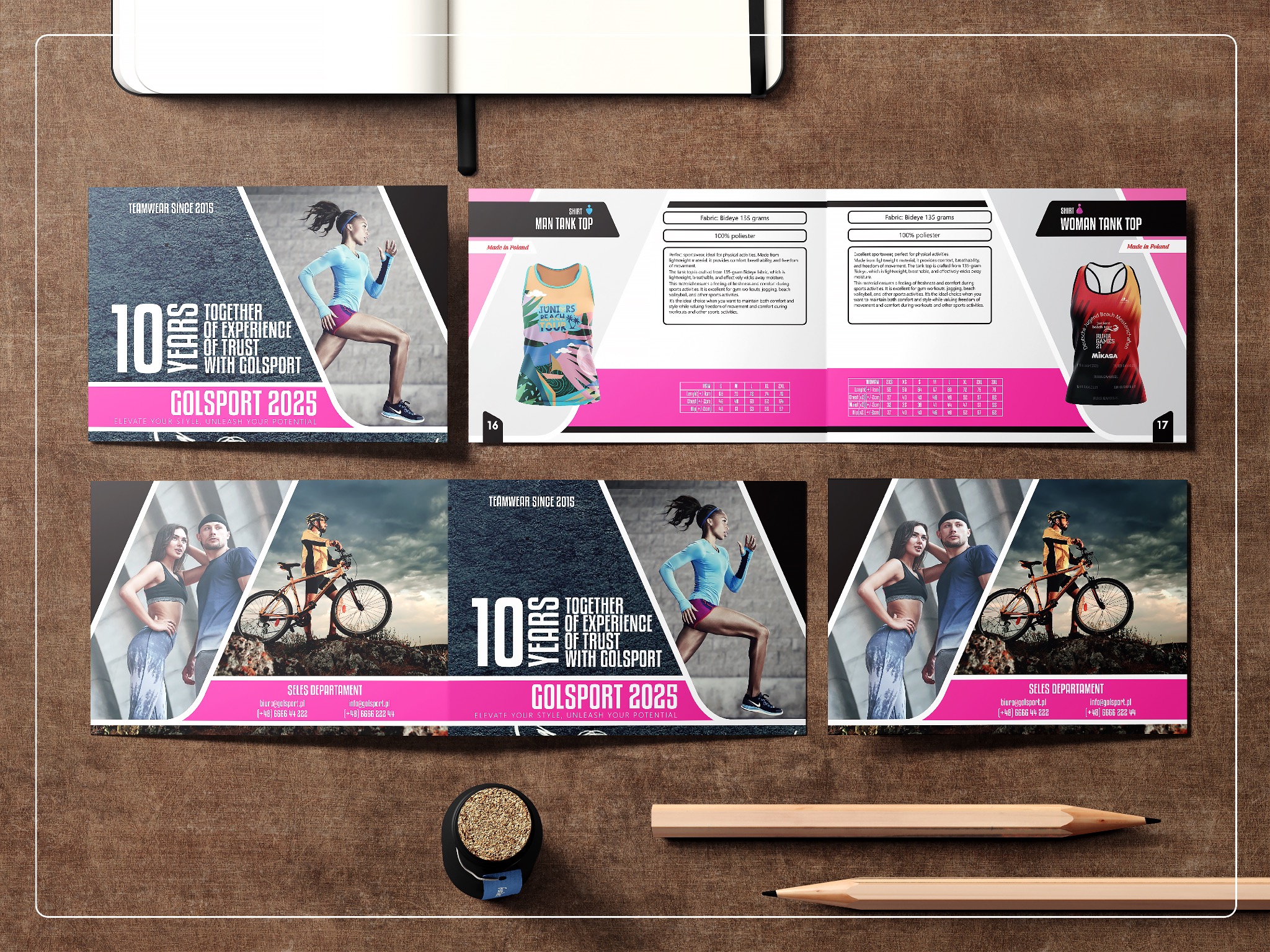 Otwarty katalog produktowy firmy Golsport 2025 prezentujący odzież sportową damską i męską, w tym tank topy z nadrukami, wraz ze specyfikacją materiałową i tabelą rozmiarów, na tle drewnianego...