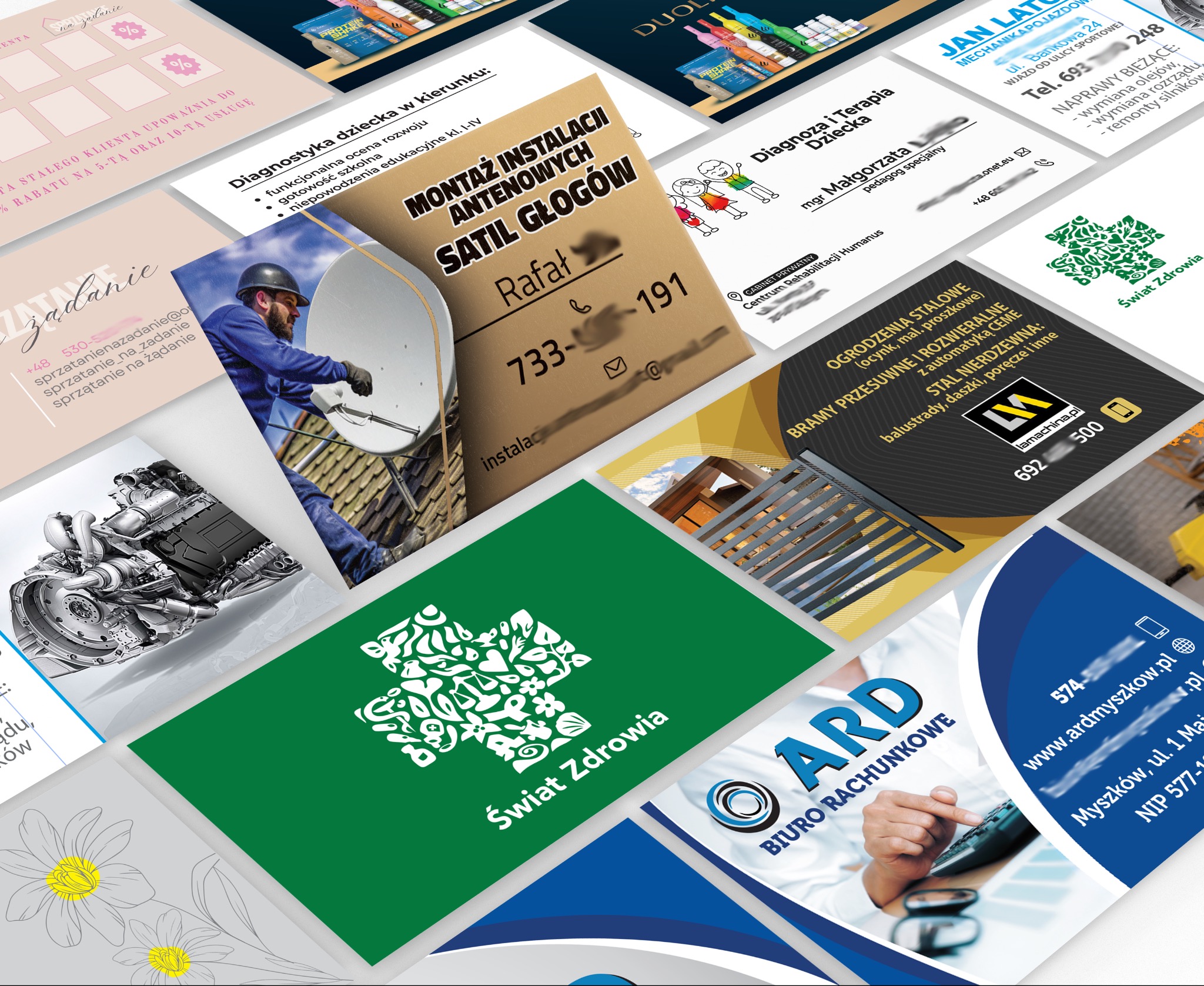 Kolaż wizytówek z różnymi projektami graficznymi: instalacja anten, diagnostyka dziecięca, mechanika pojazdowa, ogrodzenia stalowe, biuro rachunkowe i inne.