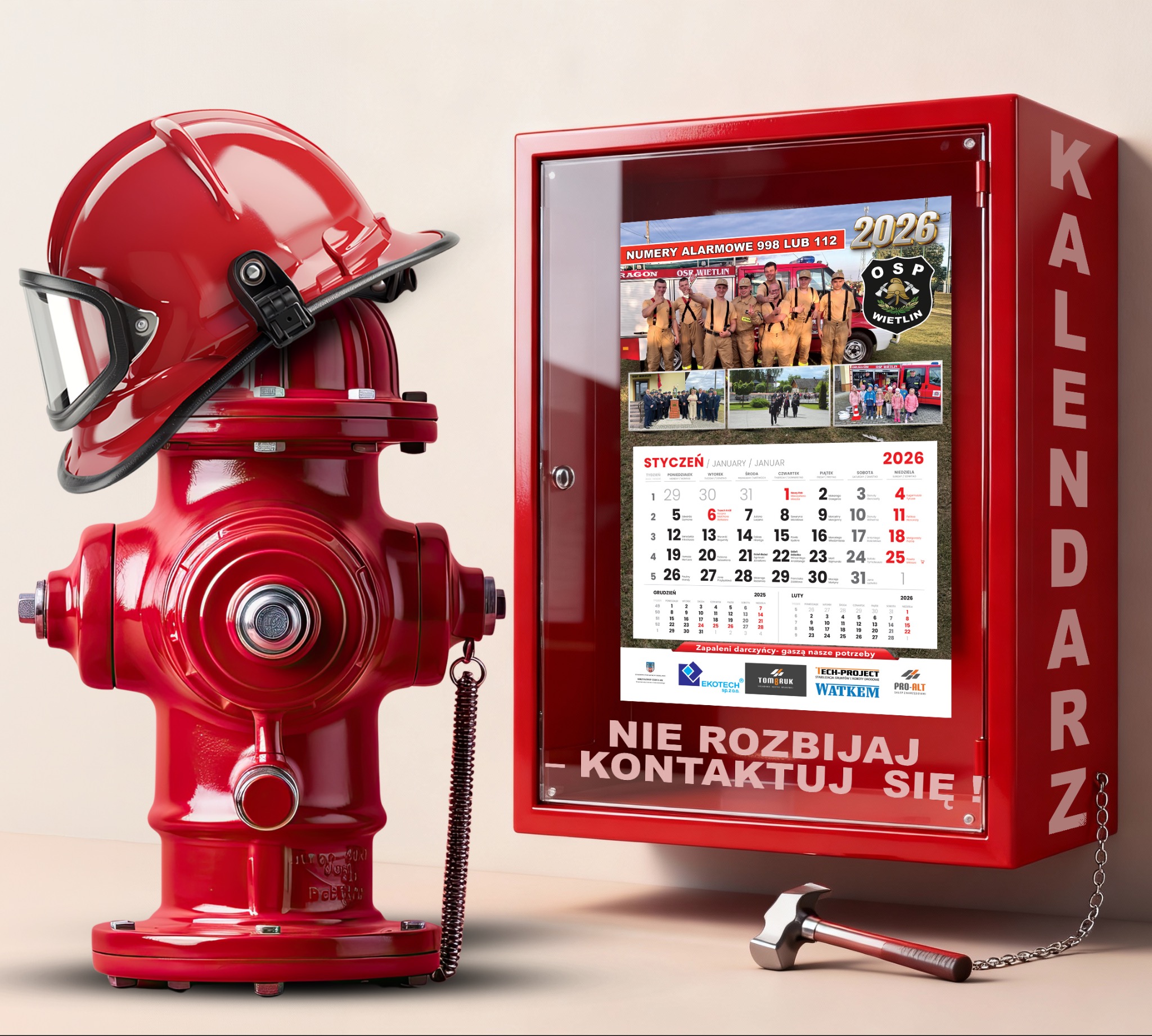 Czerwony hydrant z hełmem strażackim obok kalendarza ściennego OSP Wietlin 2026 w czerwonej gablocie z młotkiem. Reklama firm: Ekotech, Tomaruk, Watkem, Pro-Alt.