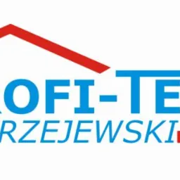 Logo firmy 'PROFI-TEAM Andrzejewski' z motywem domu z czerwonym dachem i fragmentem muru z cegieł w kolorze czerwonym, nazwa firmy w kolorze niebieskim.