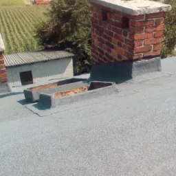 Szary dach pokryty papą z dwoma kominami z cegły i wnękami wentylacyjnymi, w tle pole uprawne i budynek gospodarczy.