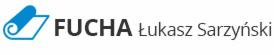 Logo firmy FUCHA Łukasz Sarzyński z graficznym symbolem zwiniętej rolki materiału podłogowego w odcieniach niebieskiego.