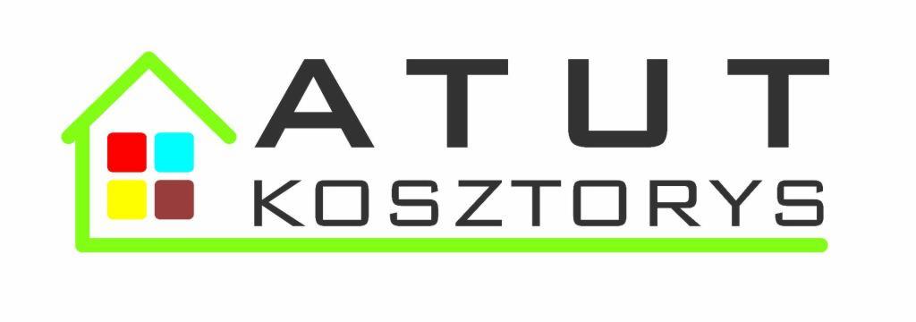 Logo firmy 'ATUT Kosztorysy' z zielonym obrysem domu i kolorowymi kwadratami w miejscu okien.