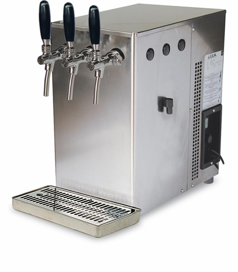 Dystrybutor wody ze stali nierdzewnej z trzema kranami i ociekaczem, widoczne otwory wentylacyjne i panel sterowania z tyłu.