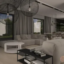 Wizualizacja przestronnego wnętrza w Tarnobrzegu z szarymi zasłonami, sofą modułową, okrągłym stolikiem kawowym i oryginalnymi lampami wiszącymi w kształcie kuli z cienkich drutów, widok na ogród...