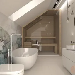Wizualizacja łazienki na poddaszu ze skośnym sufitem, z wolnostojącą białą wanną, toaletą, umywalką nablatową i sauną z jasnego drewna; na ścianie dekoracyjna tapeta z motywem kwiatowym.