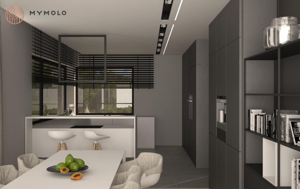 Wizualizacja nowoczesnej kuchni z wyspą, białymi hokerami i ciemnoszarą zabudową, oświetleniem liniowym w suficie i owocami na stole.