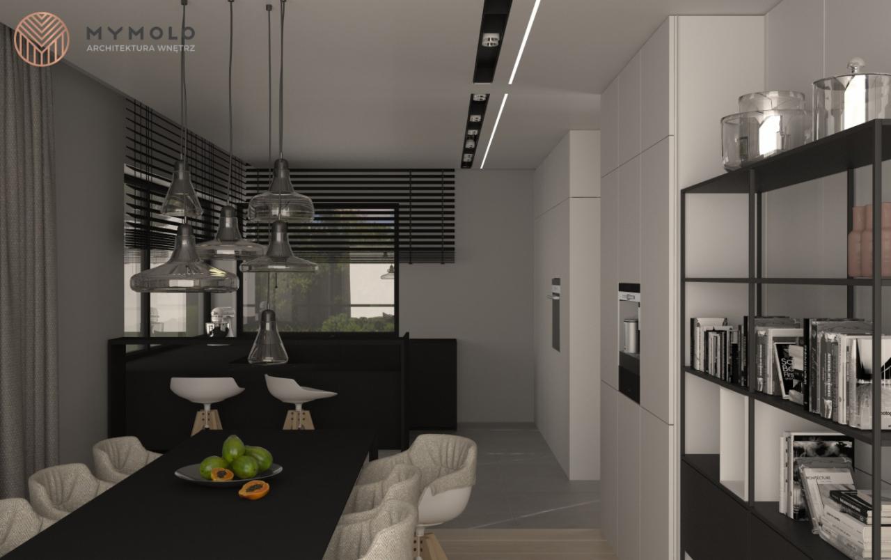 Wizualizacja nowoczesnej kuchni z czarnym stołem, owocami na talerzu, wiszącymi lampami i minimalistycznymi krzesłami na tle zabudowy kuchennej w odcieniach szarości i bieli.