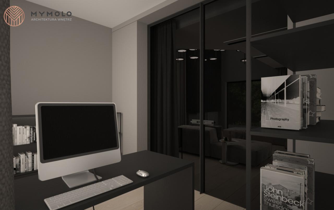 Wizualizacja biura w nowoczesnym stylu: czarne biurko z komputerem iMac, półki z książkami i przeszklona ściana z widokiem na salon.