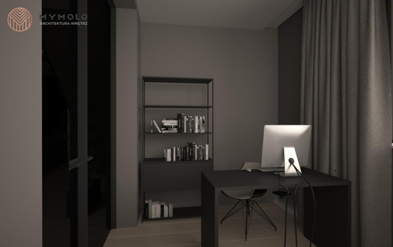 Wizualizacja ciemnoszarego biura z minimalistycznym biurkiem, krzesłem na metalowych nogach, regałem z książkami i zasłoną w tle, oświetlonego przez duże okno.